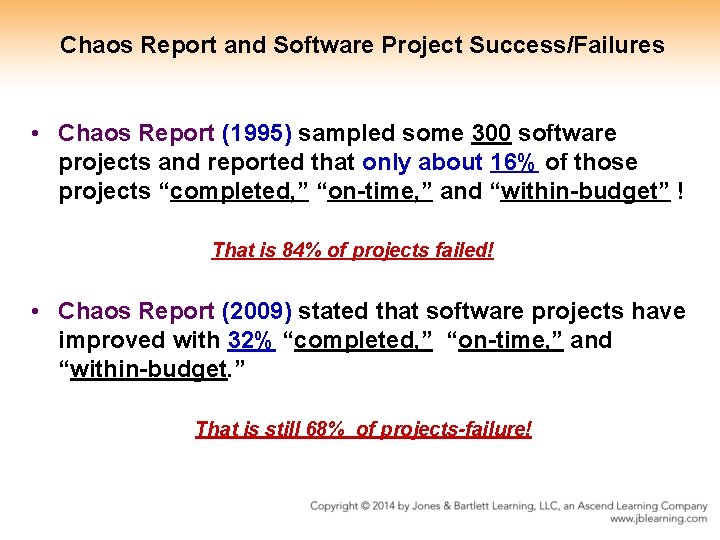 Chaos Report and Software Project Success/Failures • Chaos Report (1995) sampled some 300 software