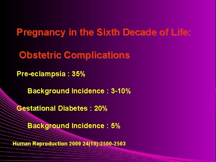 Pregnancy in the Sixth Decade of Life: Obstetric Complications Pre-eclampsia : 35% Background Incidence