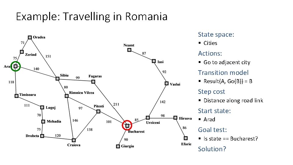 Example: Travelling in Romania State space: § Cities Actions: § Go to adjacent city