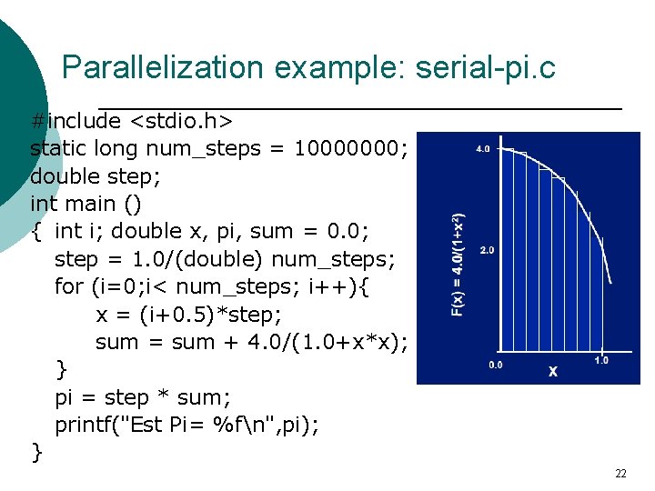 Parallelization example: serial-pi. c #include <stdio. h> static long num_steps = 10000000; double step; Parallelization example: serial-pi. c #include <stdio. h> static long num_steps = 10000000; double step;