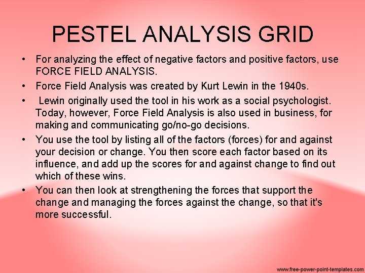 PESTEL ANALYSIS GRID • For analyzing the effect of negative factors and positive factors,