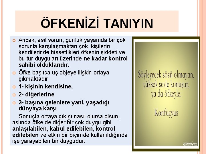 ÖFKENİZİ TANIYIN Ancak, asıl sorun, gunluk yaşamda bir çok sorunla karşılaşmaktan çok, kişilerin kendilerinde