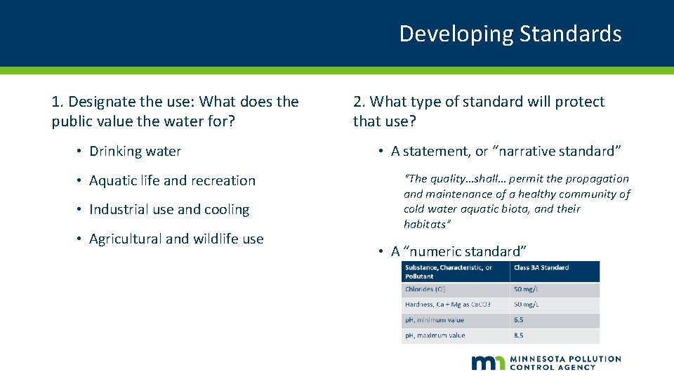 Developing Standards 1. Designate the use: What does the public value the water for?