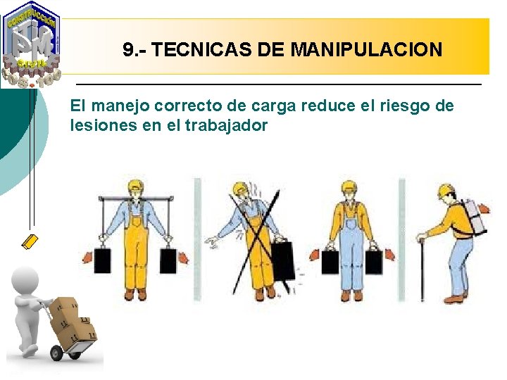 9. - TECNICAS DE MANIPULACION El manejo correcto de carga reduce el riesgo de