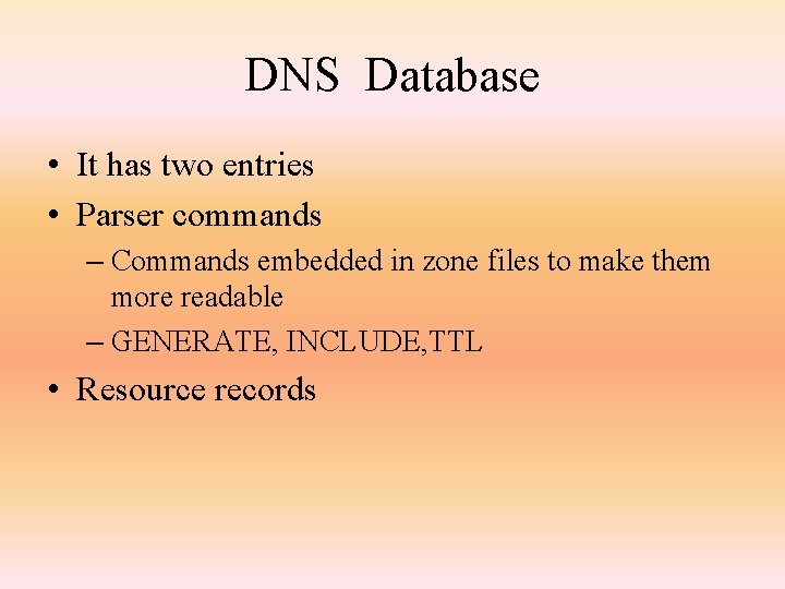 DNS Database • It has two entries • Parser commands – Commands embedded in