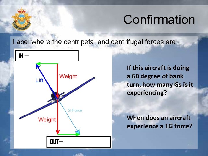 Confirmation Label where the centripetal and centrifugal forces are. If this aircraft is doing