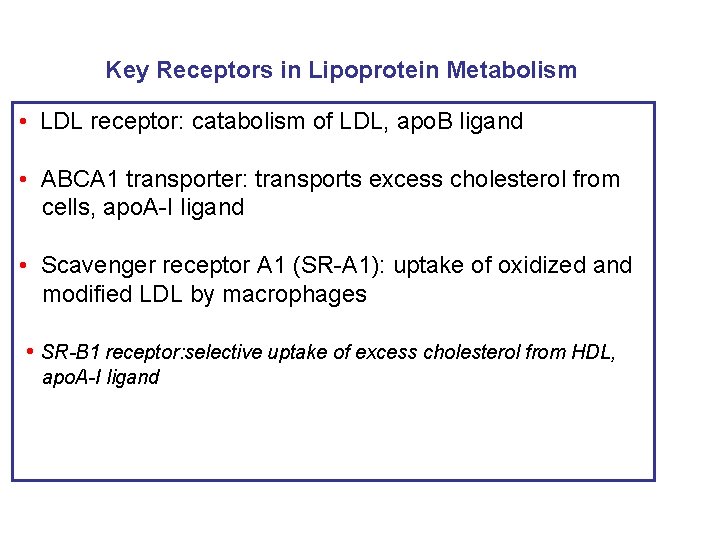 Key Receptors in Lipoprotein Metabolism • LDL receptor: catabolism of LDL, apo. B ligand