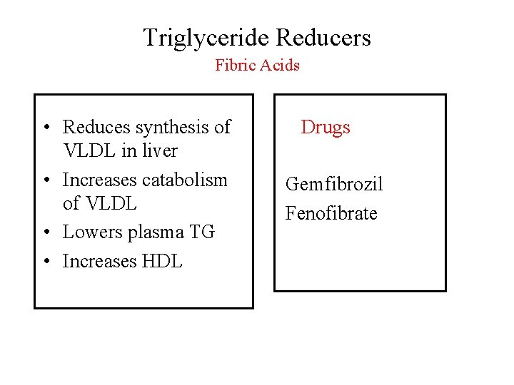 Triglyceride Reducers Fibric Acids • Reduces synthesis of VLDL in liver • Increases catabolism