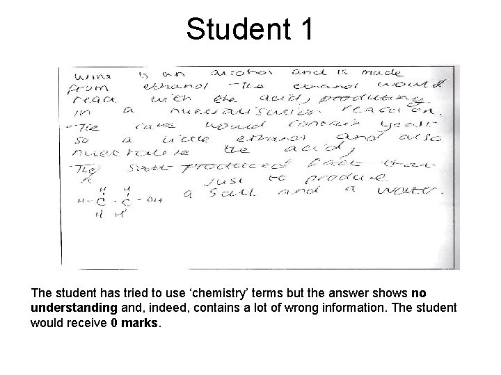 Student 1 The student has tried to use ‘chemistry’ terms but the answer shows