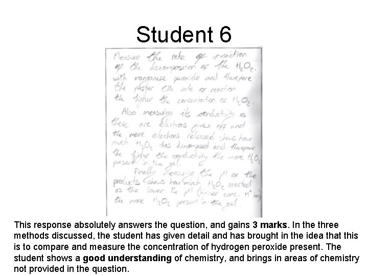 Student 6 This response absolutely answers the question, and gains 3 marks. In the