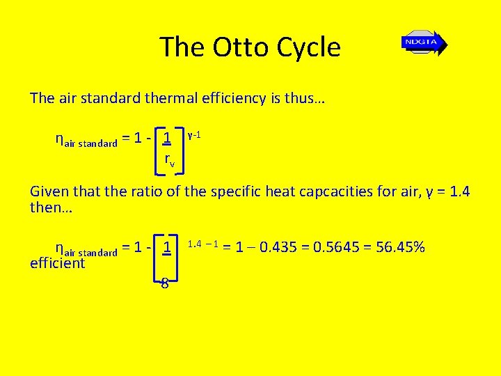 The Otto Cycle The air standard thermal efficiency is thus… ηair standard = 1