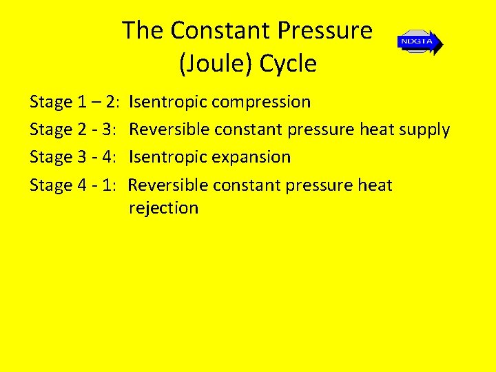 The Constant Pressure (Joule) Cycle Stage 1 – 2: Stage 2 - 3: Stage