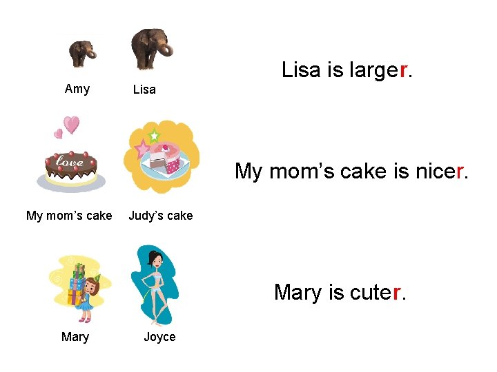 Lisa is larger. Amy Lisa My mom’s cake is nicer. My mom’s cake Judy’s