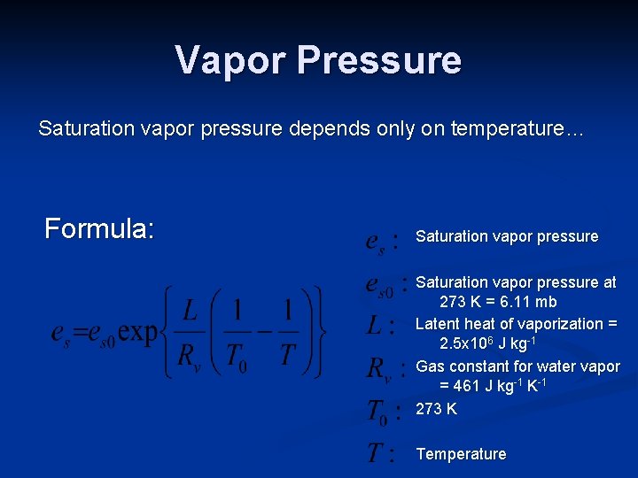 Vapor Pressure Saturation vapor pressure depends only on temperature… Formula: Saturation vapor pressure at Vapor Pressure Saturation vapor pressure depends only on temperature… Formula: Saturation vapor pressure at