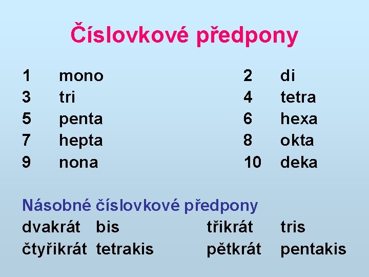 Číslovkové předpony 1 3 5 7 9 mono tri penta hepta nona 2 4