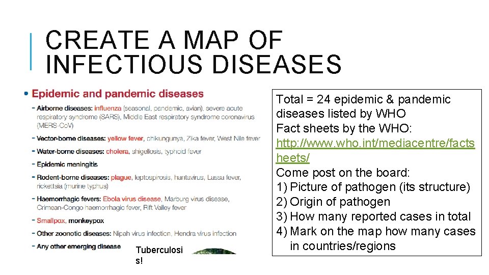 CREATE A MAP OF INFECTIOUS DISEASES Tuberculosi s! Total = 24 epidemic & pandemic