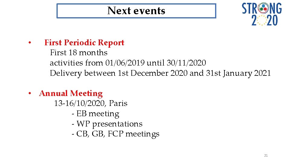 Next events • First Periodic Report First 18 months activities from 01/06/2019 until 30/11/2020