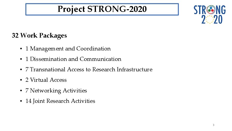 Project STRONG-2020 32 Work Packages • 1 Management and Coordination • 1 Dissemination and