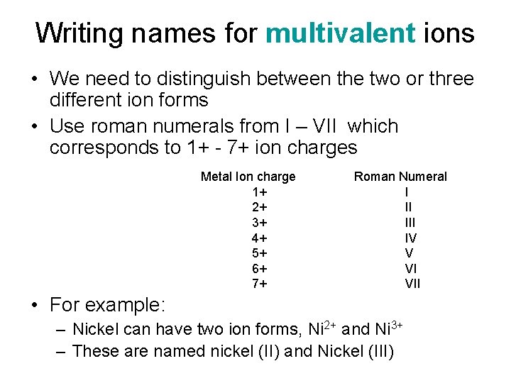 Writing names for multivalent ions • We need to distinguish between the two or