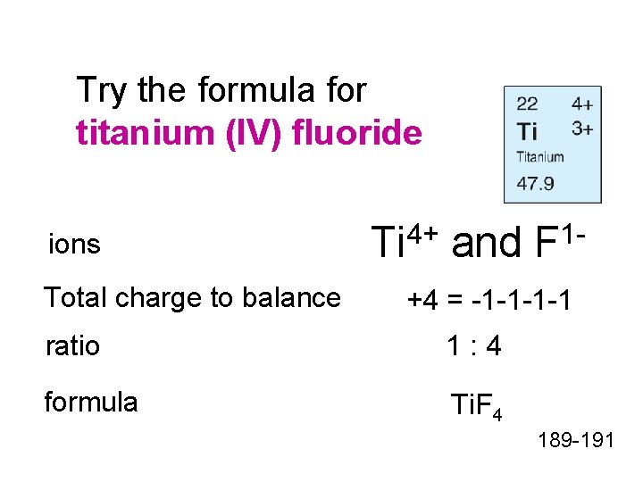 Try the formula for titanium (IV) fluoride ions Total charge to balance Ti 4+