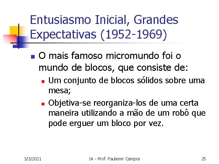 Entusiasmo Inicial, Grandes Expectativas (1952 -1969) n O mais famoso micromundo foi o mundo