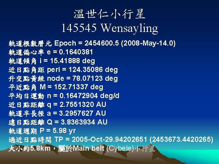溫世仁小行星 145545 Wensayling 軌道根數曆元 Epoch = 2454600. 5 (2008 -May-14. 0) 軌道偏心率 e =