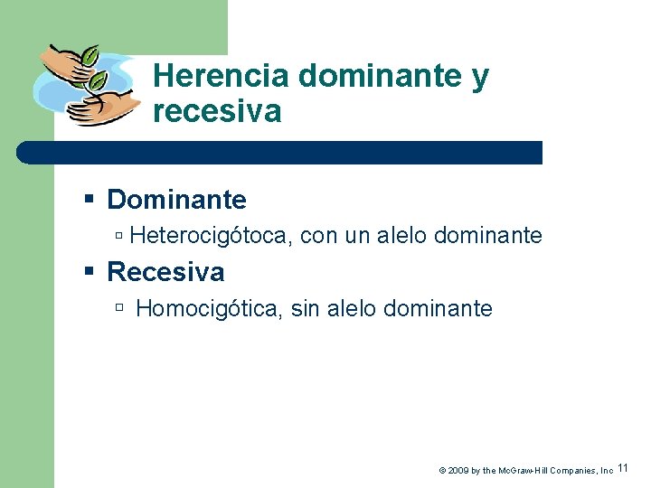 Herencia dominante y recesiva § Dominante Heterocigótoca, con un alelo dominante § Recesiva Homocigótica,