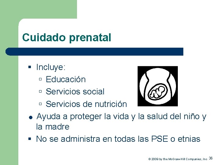 Cuidado prenatal § Incluye: Educación Servicios social Servicios de nutrición Ayuda a proteger la