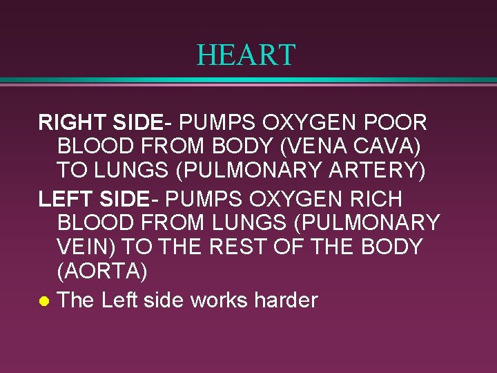 HEART RIGHT SIDE- PUMPS OXYGEN POOR BLOOD FROM BODY (VENA CAVA) TO LUNGS (PULMONARY