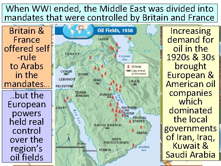 When WWI ended, the Middle East was divided into mandates that were controlled by