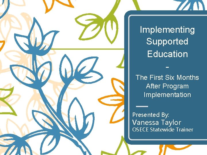 Implementing Supported Education The First Six Months After Program Implementation Presented By: Vanessa Taylor