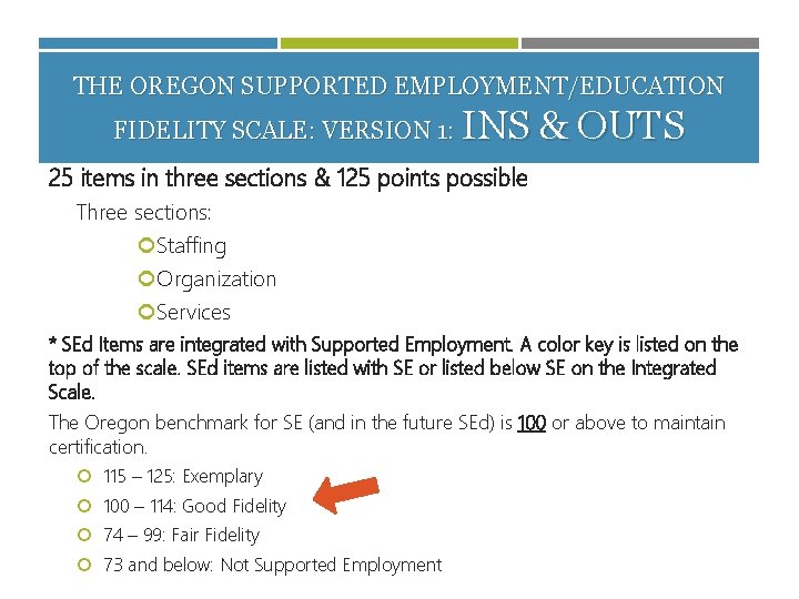 THE OREGON SUPPORTED EMPLOYMENT/EDUCATION FIDELITY SCALE: VERSION 1: INS & OUTS 25 items in