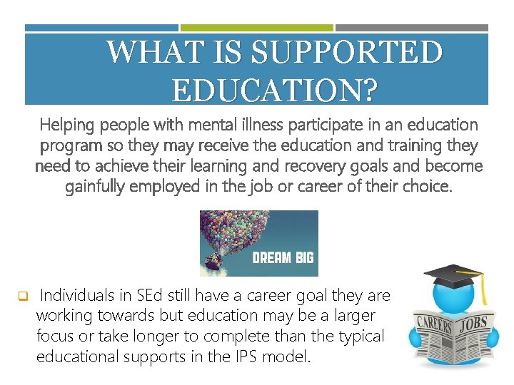 WHAT IS SUPPORTED EDUCATION? Helping people with mental illness participate in an education program