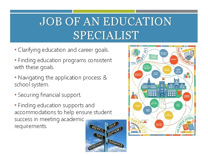 JOB OF AN EDUCATION SPECIALIST • Clarifying education and career goals. • Finding education