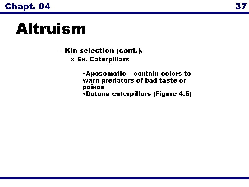 Chapt. 04 37 Altruism – Kin selection (cont. ). » Ex. Caterpillars • Aposematic