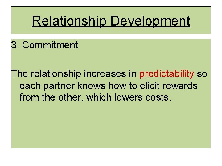 Relationship Development 3. Commitment The relationship increases in predictability so each partner knows how