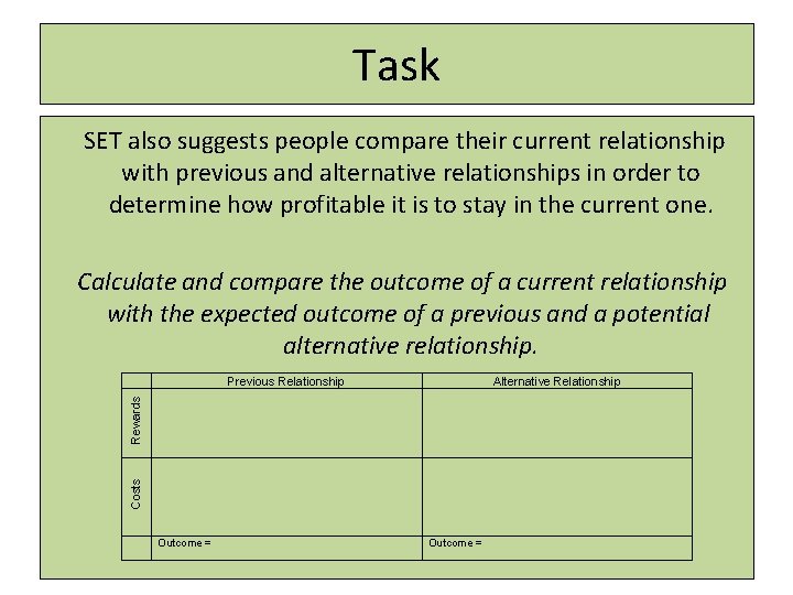 Task SET also suggests people compare their current relationship with previous and alternative relationships