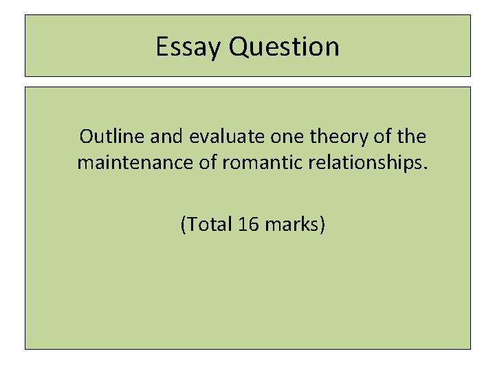 Essay Question Outline and evaluate one theory of the maintenance of romantic relationships. (Total