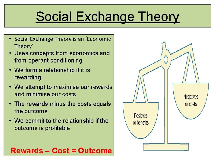 Social Exchange Theory • Social Exchange Theory is an ‘Economic Theory’ • Uses concepts