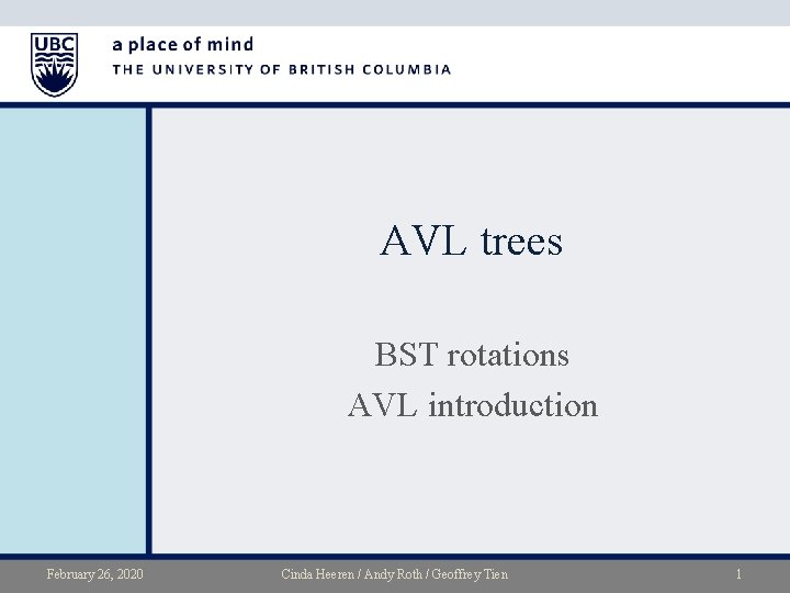 AVL trees BST rotations AVL introduction February 26, 2020 Cinda Heeren / Andy Roth