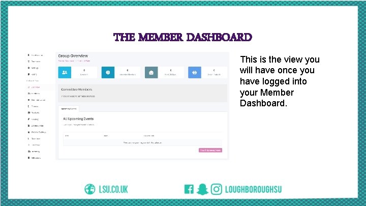 THE MEMBER DASHBOARD This is the view you will have once you have logged