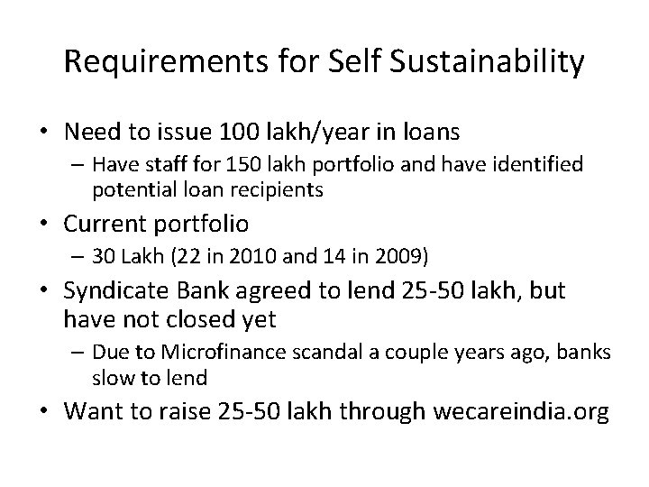 Requirements for Self Sustainability • Need to issue 100 lakh/year in loans – Have