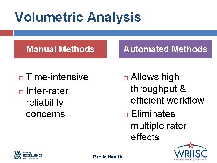 Volumetric Analysis Manual Methods Time-intensive Inter-rater reliability concerns Automated Methods Allows high throughput & Volumetric Analysis Manual Methods Time-intensive Inter-rater reliability concerns Automated Methods Allows high throughput &