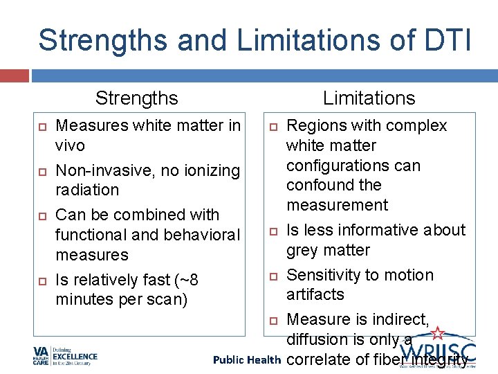 Strengths and Limitations of DTI Strengths Limitations Measures white matter in vivo Non-invasive, no Strengths and Limitations of DTI Strengths Limitations Measures white matter in vivo Non-invasive, no