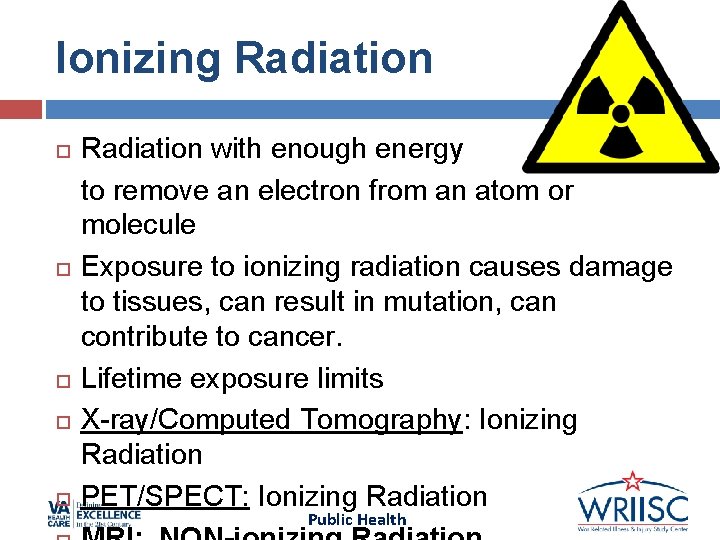 Ionizing Radiation Radiation with enough energy to remove an electron from an atom or Ionizing Radiation Radiation with enough energy to remove an electron from an atom or