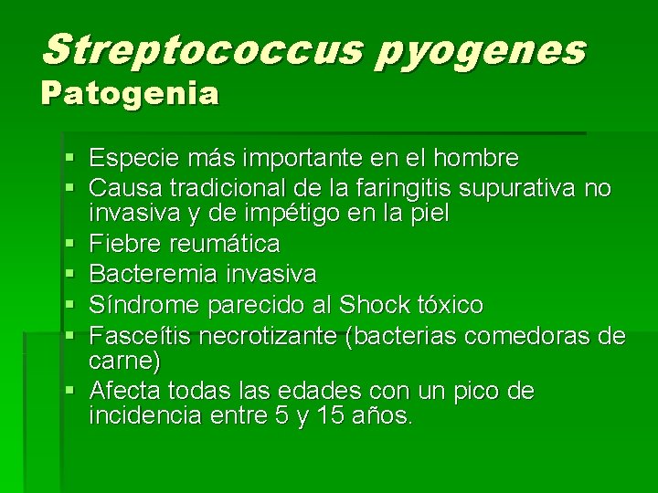 Streptococcus pyogenes Patogenia § Especie más importante en el hombre § Causa tradicional de