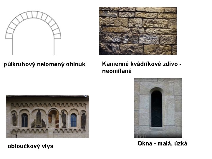 půlkruhový nelomený oblouk obloučkový vlys Kamenné kvádříkové zdivo neomítané Okna - malá, úzká 