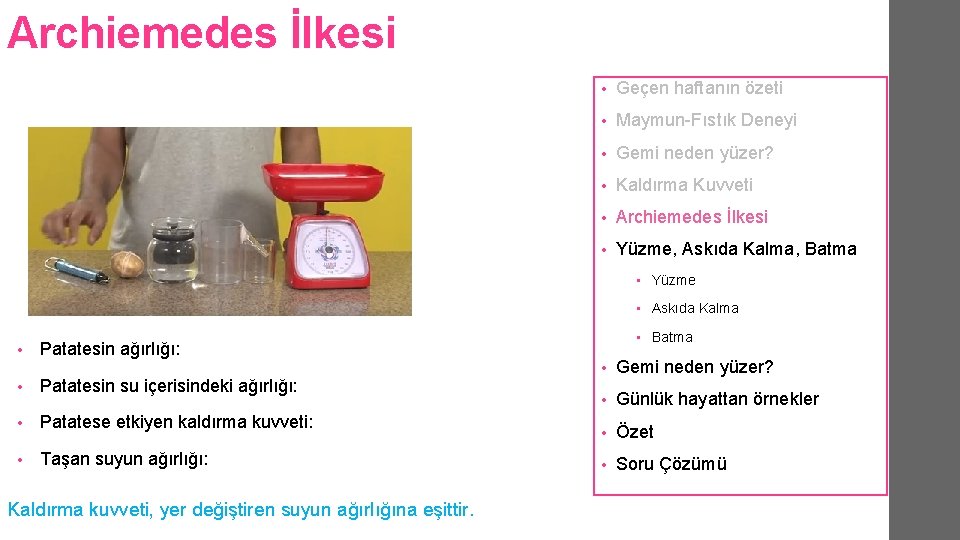 Archiemedes İlkesi • Geçen haftanın özeti • Maymun-Fıstık Deneyi • Gemi neden yüzer? • Archiemedes İlkesi • Geçen haftanın özeti • Maymun-Fıstık Deneyi • Gemi neden yüzer? •