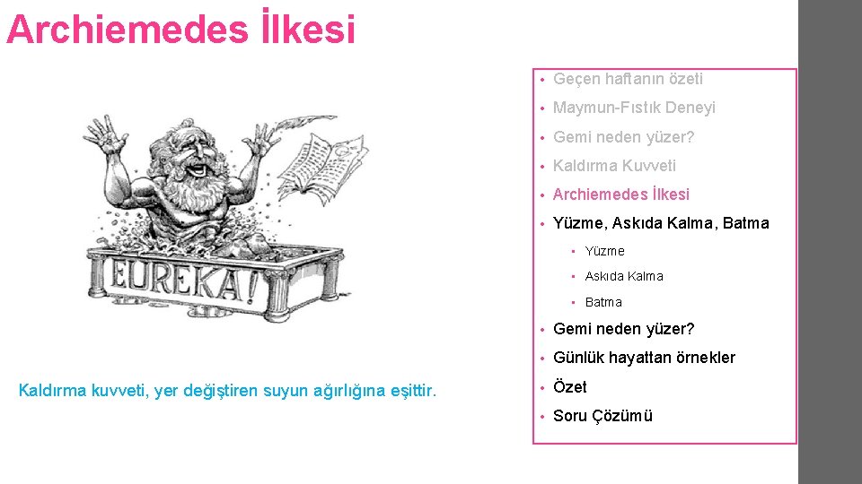 Archiemedes İlkesi • Geçen haftanın özeti • Maymun-Fıstık Deneyi • Gemi neden yüzer? • Archiemedes İlkesi • Geçen haftanın özeti • Maymun-Fıstık Deneyi • Gemi neden yüzer? •