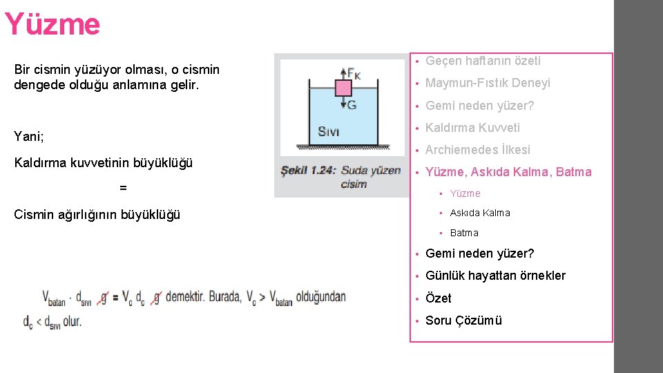 Yüzme Bir cismin yüzüyor olması, o cismin dengede olduğu anlamına gelir. Yani; Kaldırma kuvvetinin Yüzme Bir cismin yüzüyor olması, o cismin dengede olduğu anlamına gelir. Yani; Kaldırma kuvvetinin
